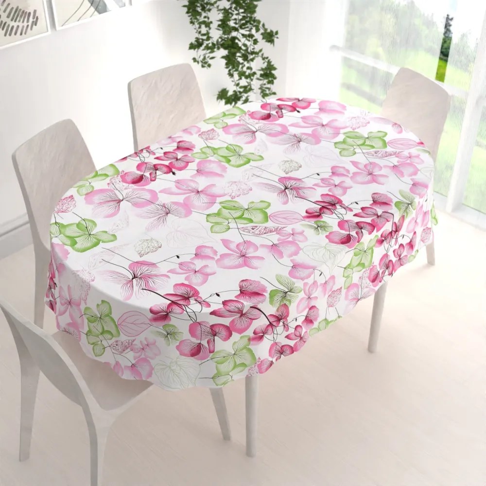 Biante Bavlnený oválny obrus Sandra SA-366 Ružovo-zelené kvety na bielom 100x140 cm