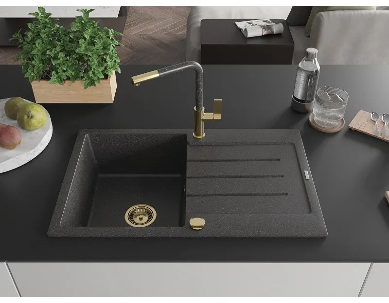 Mexen Bruno, 1-komorový granitový drez 795x495x200 mm a drezová batéria Flora, čierna škvrnitá, 6513-76-670401-75-G