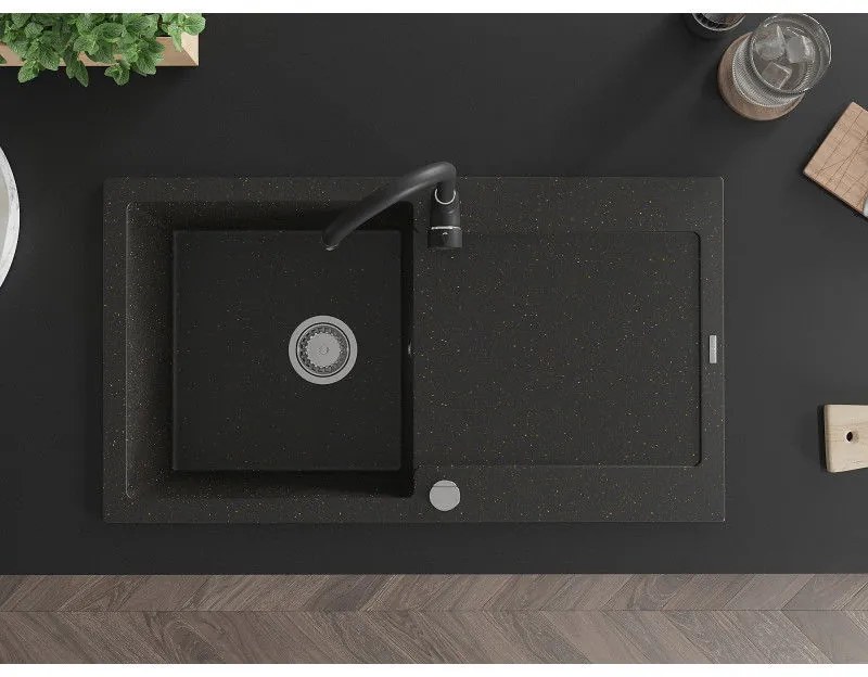 Mexen Leo, 1-komorový granitový drez s odkvapkávačom 90x50 cm a kuchynskou batériou Telma, čierna-zlatá metalik, 6501-75-670200-70