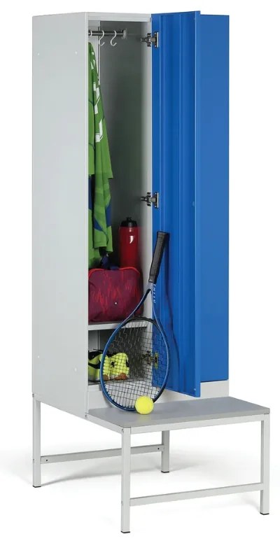 Šatníková skrinka S1 s lavičkou, 2 oddiely, 1875 x 600 x 500/800 mm, zámok s čítačkou RFID kariet, červené dvere