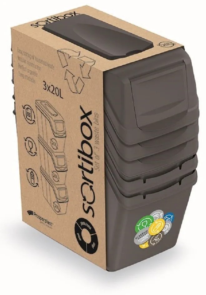 PROSPERPLAST Sada 3 odpadkových košov SORTIBOX Aj šedý kameň, objem 3x20L