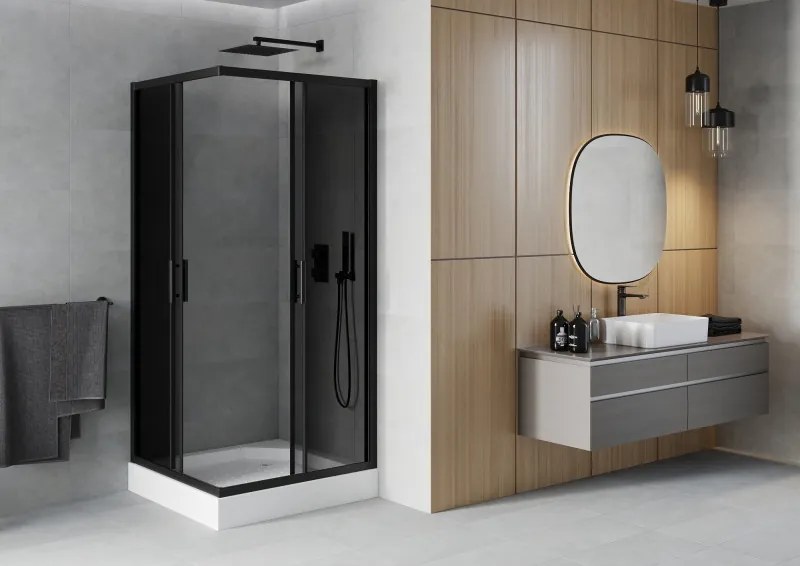 Mexen Rio, štvorcový sprchovací kút s posuvnými dverami 90(dvere) x 90(dvere) x 190 cm, 6mm šedé sklo, čierny profil + biela sprchová vanička RIO, 860-090-090-70-40-4510