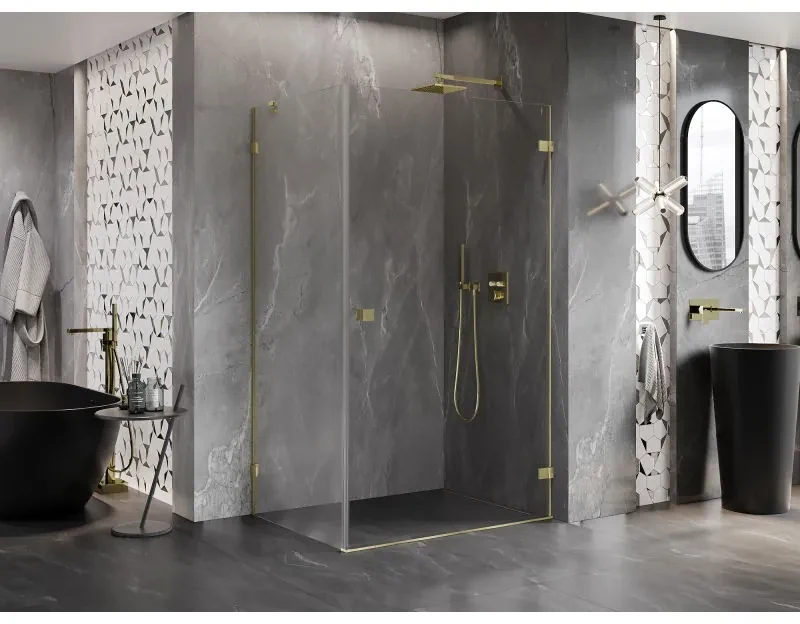 Mexen Lunar-B, pravostranný výklopný sprchový kút 90 x 80 cm, 8mm číre sklo, zlatý kartáčovaný - 832-090-080-55-00-P