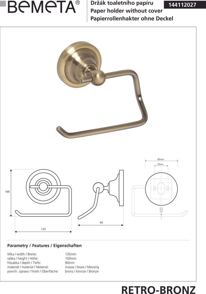 Bemeta Design RETRO bronz: Držiak toaletného papiera, bez krytu - 144112027