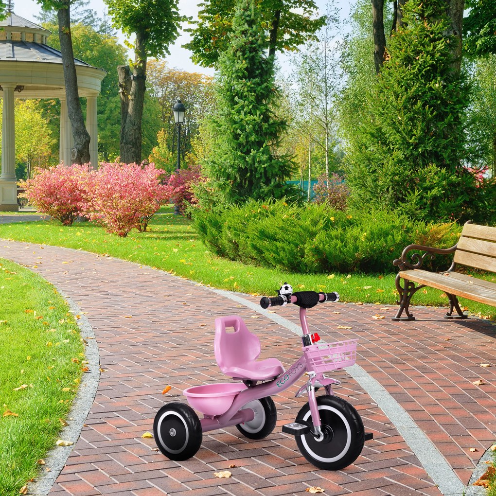 Trojkolka s košíkom a zvončekom ECOTOYS, ružová