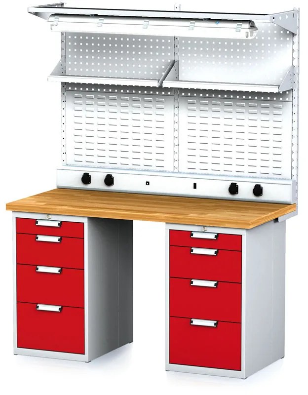 Alfa 3 Dielenský stôl MECHANIC I + 2x závesný box, nadstavba, polica, el. zásuvky a osvetlenie , 8 zásuviek, 1500x685x880 mm, červené dvere