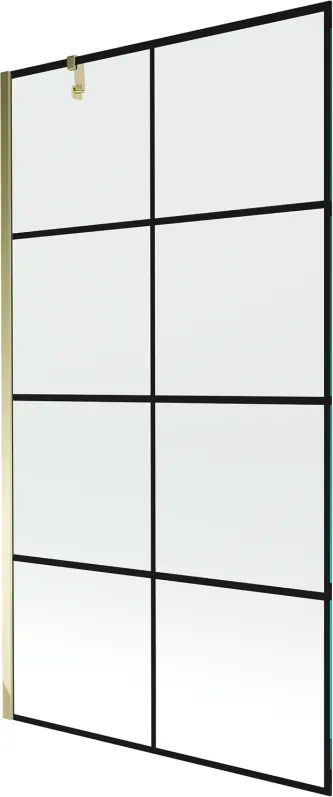 Mexen Next, vaňová zástena 1-krídlová 100 x 150 cm, fixné krídlo, 6 mm číre sklo s čiernym vzorom, zlatý profil, 895-100-000-00-77-50