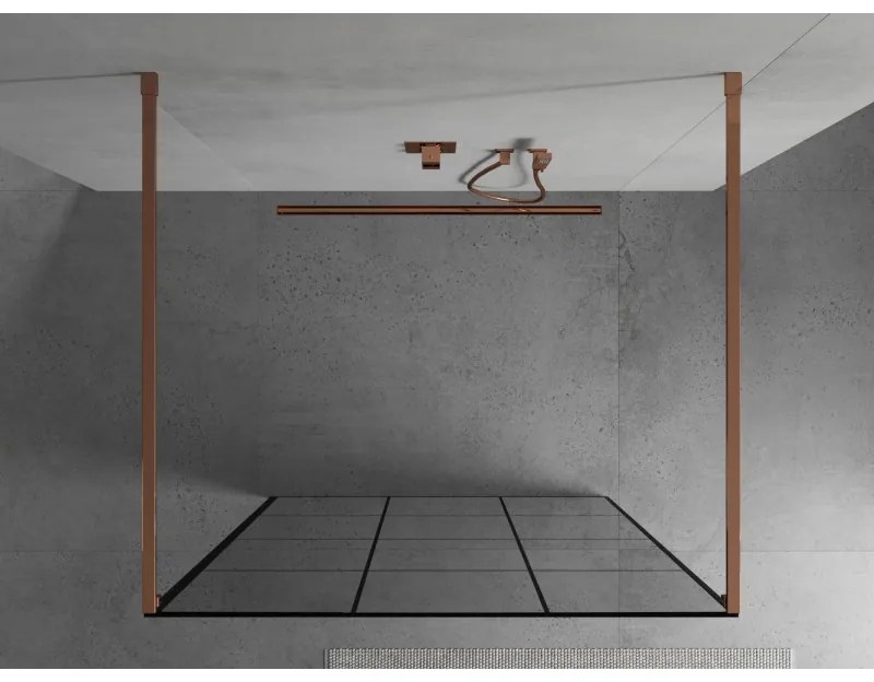 Mexen Kioto, priechodná sprchová zástena 120 x 200 cm, 8mm číre sklo - čierny vzor, 2x zlatá stabilizačná rozpera, profil ružové zlato, 800-120-002-60-77