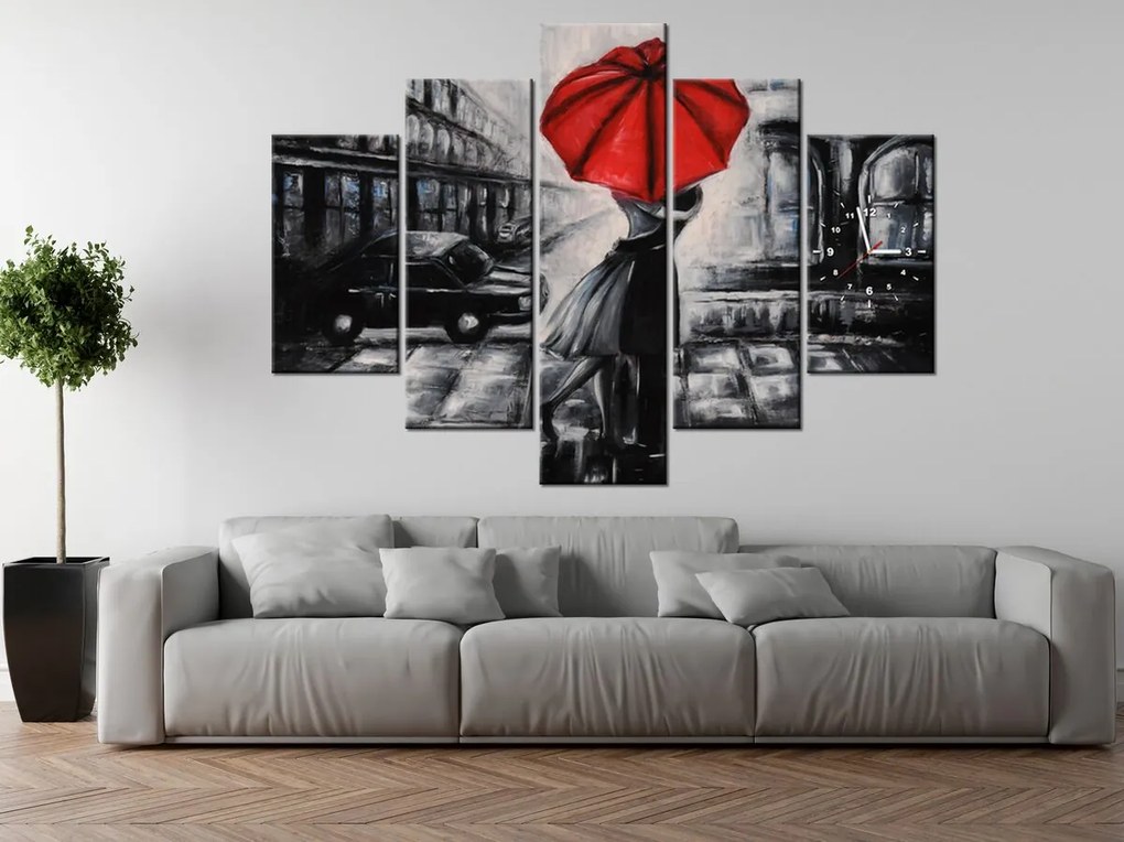 Gario Obraz s hodinami Červený bozk v daždi - 5 dielny Rozmery: 150 x 105 cm