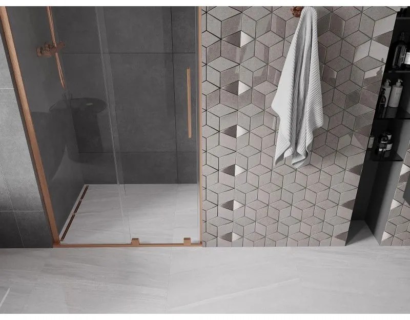 Mexen Velar L, posuvné sprchové dvere do otvoru 110 cm, 8mm číre sklo, medená matná, 871-110-003-01-65