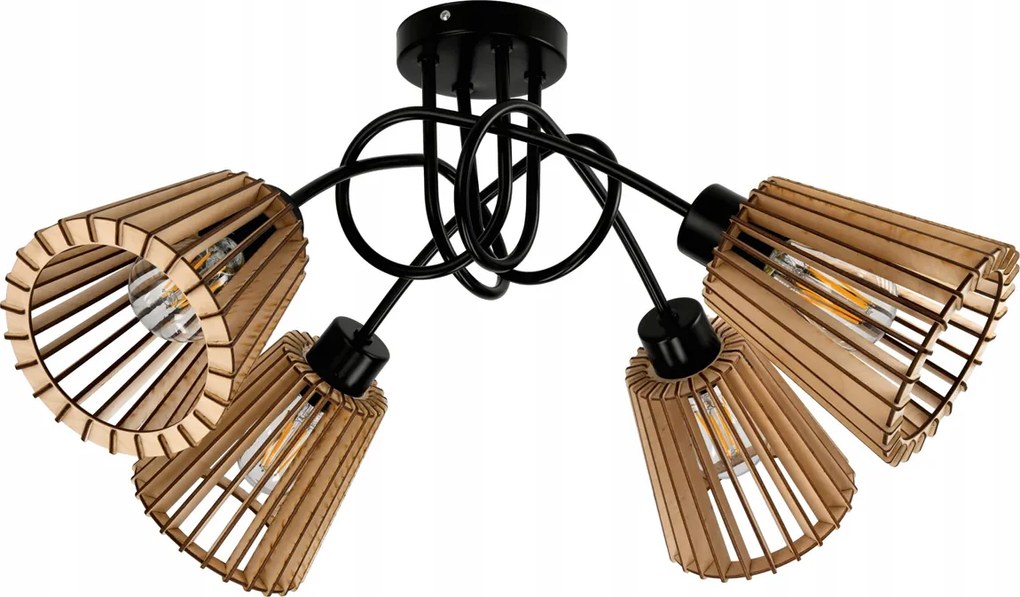 LED LOFT lampa kutčasta 4xe27 drevená kužeľ