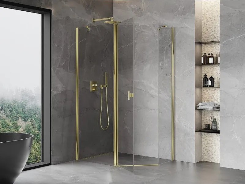 Mexen Mist, päťuholníkový sprchový kút výklopný 90 x 80 cm, číre sklo, zlatý lesklý profil, 8A8-090-080-50-00