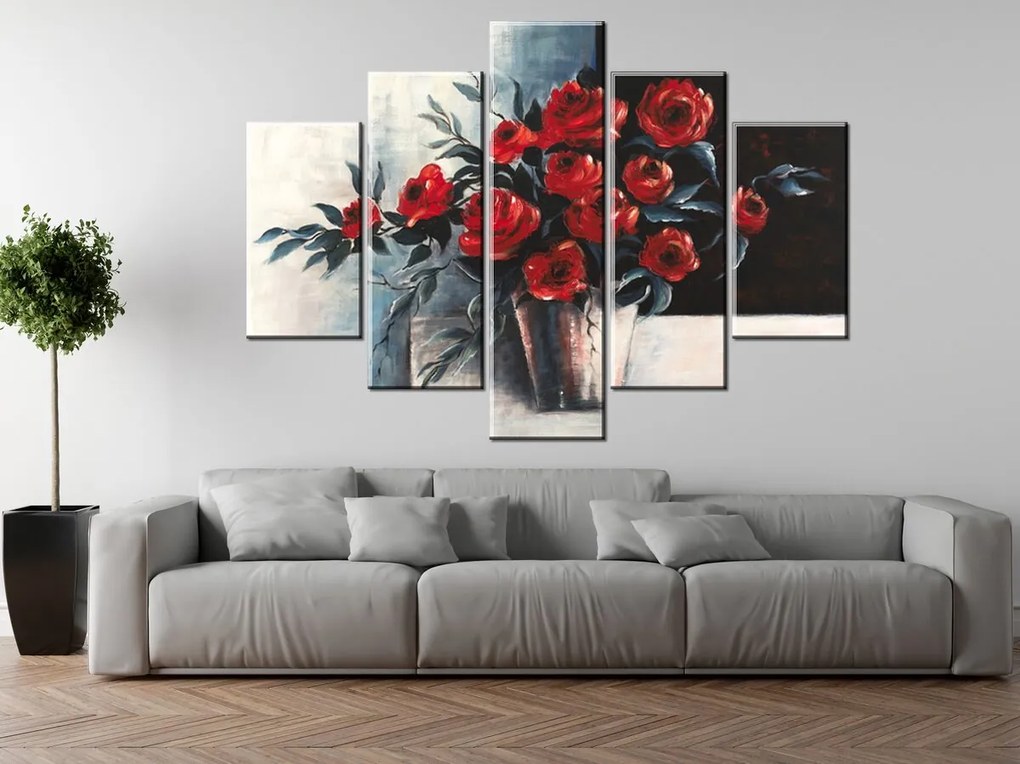 Gario Ručne maľovaný obraz Ruže vo váze - 5 dielny Rozmery: 150 x 105 cm