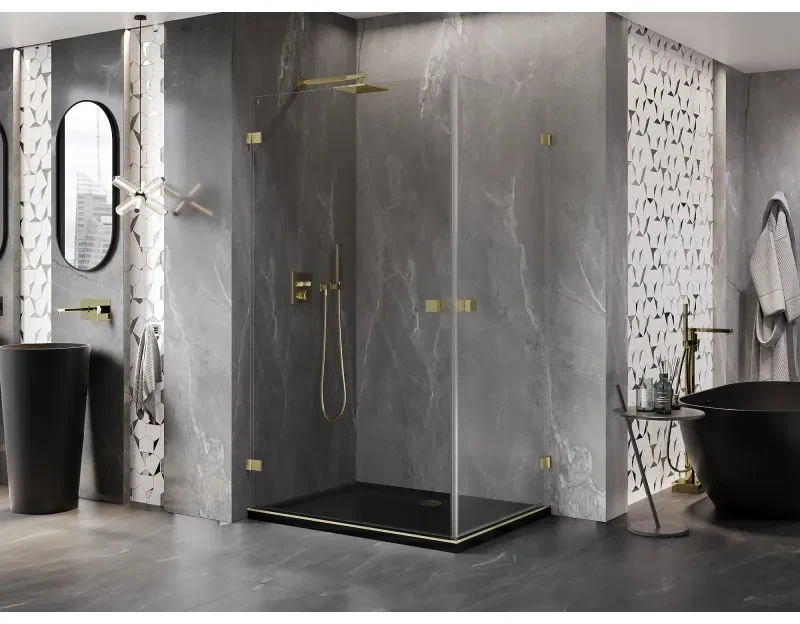 Mexen Lunar-B Duo, výklopný sprchový kút 100 x 95 cm, 8mm číre sklo, zlatý matný profil, 832-100L-095P-55-00