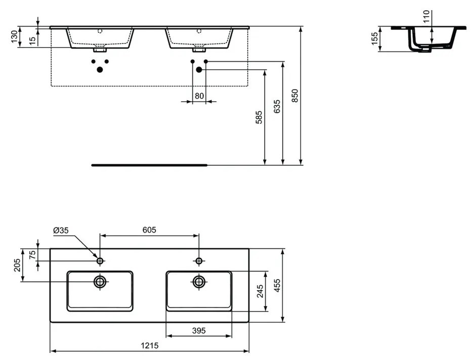 Ideal Standard Tempo - Nábytkové dvojumývadlo 1215x455 mm, s prepadom, biela E053401