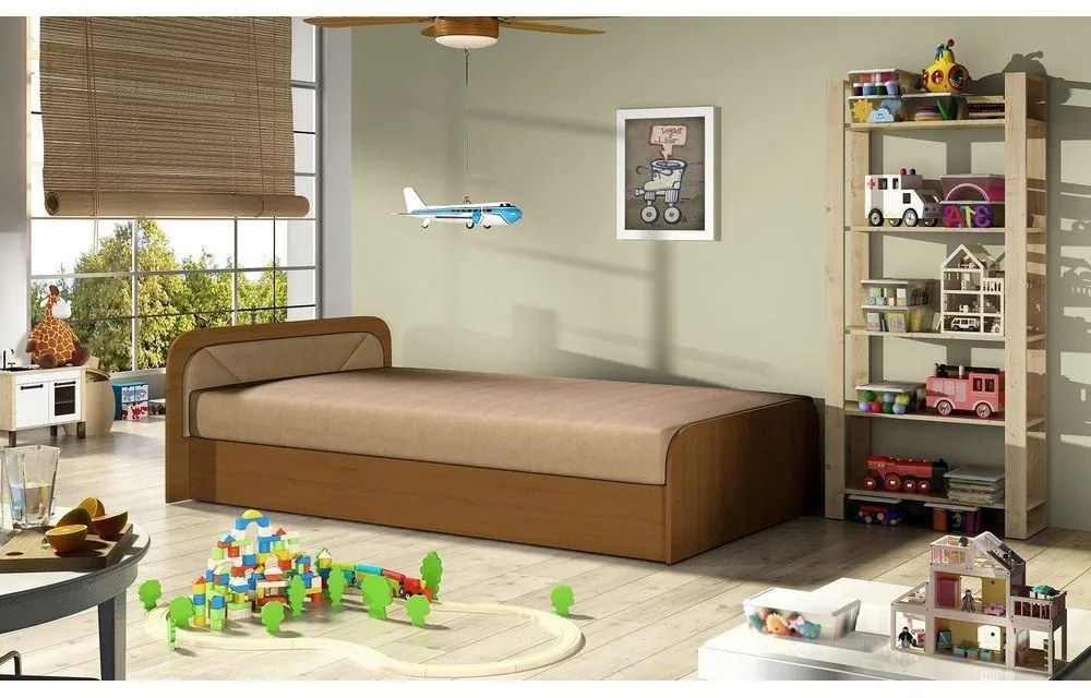 Okrovožltá/béžová čalúnená/z drevotriesky jednolôžková posteľ s úložným priestorom s matracom 80x190 cm Parys – ELTAP