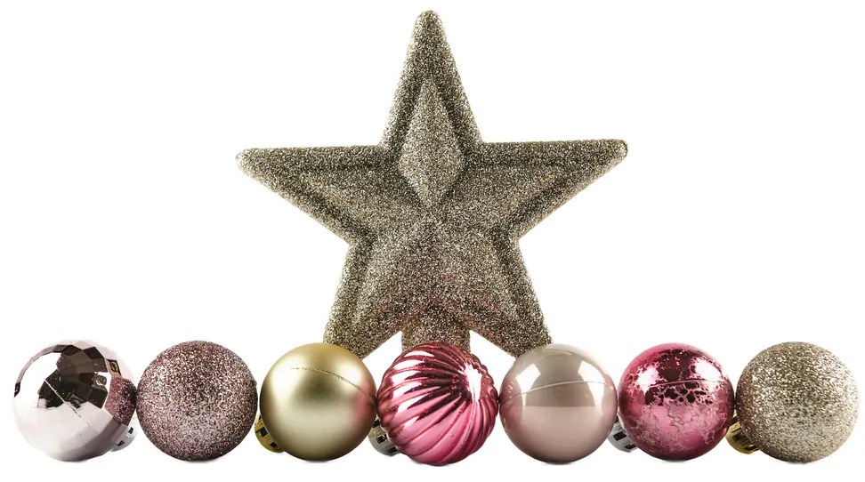 DECOLED Sada ozdob, 29x 3cm koule, 1x glitter špice, růžová a stříbrná