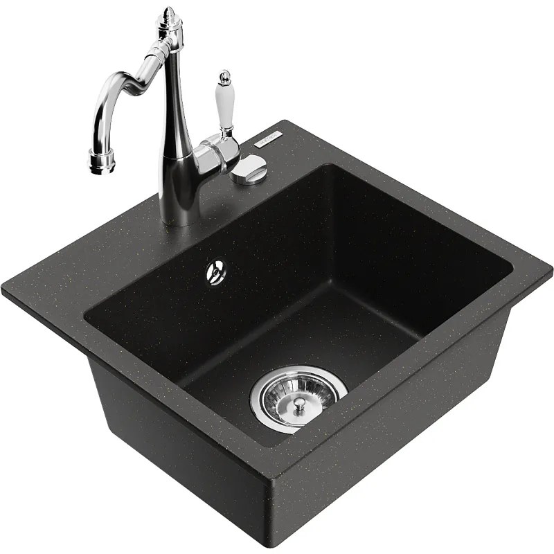 Mexen Milo, granitový drez 435x410x171 mm, 1-komorový a drezová batéria Carla, čierna-zlatá metalíza, 6505-75-670700-00