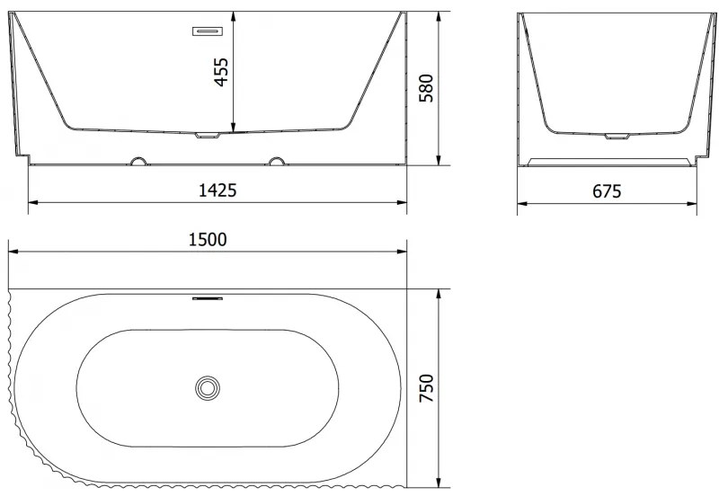 Mexen Gia, voľne stojaca rohová vaňa, drážkovaná, pravá, 150 x 75 cm, biela matná, biely prepad, 52701507501P-20