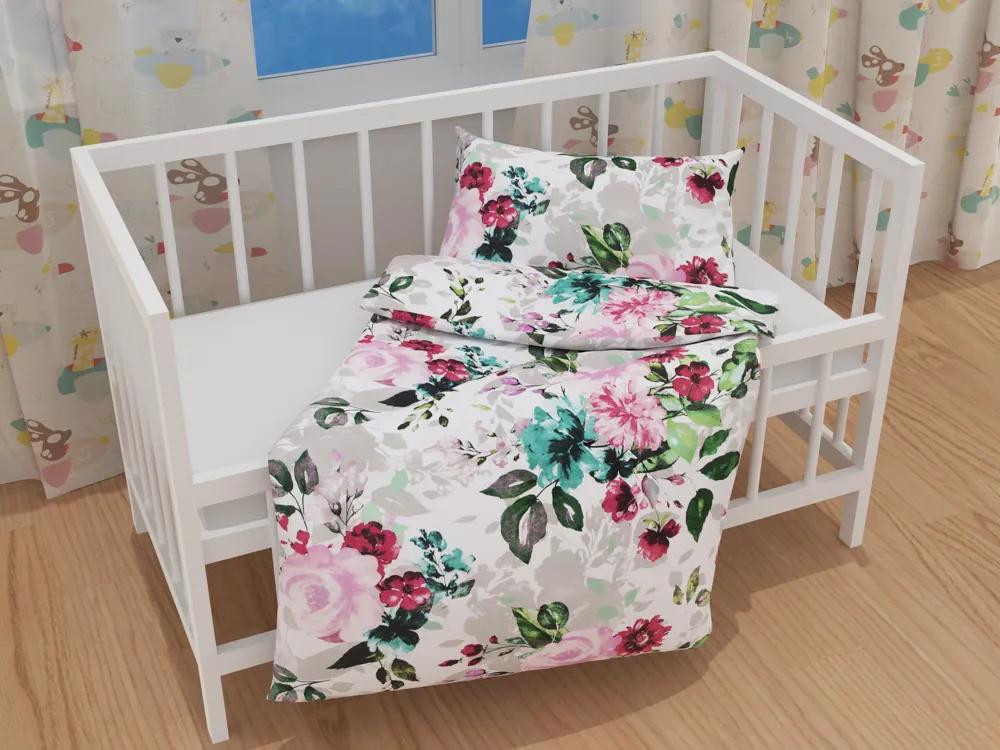 Biante Detské bavlnené posteľné obliečky do postieľky Sandra SA-220 Veľké ružové kvety Do postieľky 90x140 a 40x60 cm