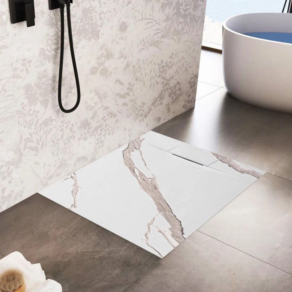 Rea Bazalt Carrara, SMC sprchová vanička 90x90, biela-kamenný vzor, REA-K7002