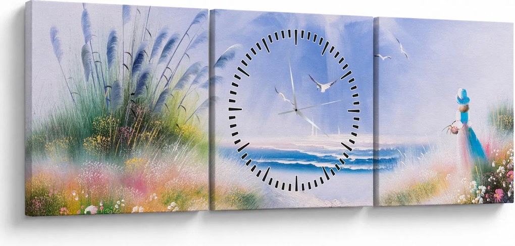 Obraz - Romantická pláž, olejomaľba (s hodinami) (90x30 cm)