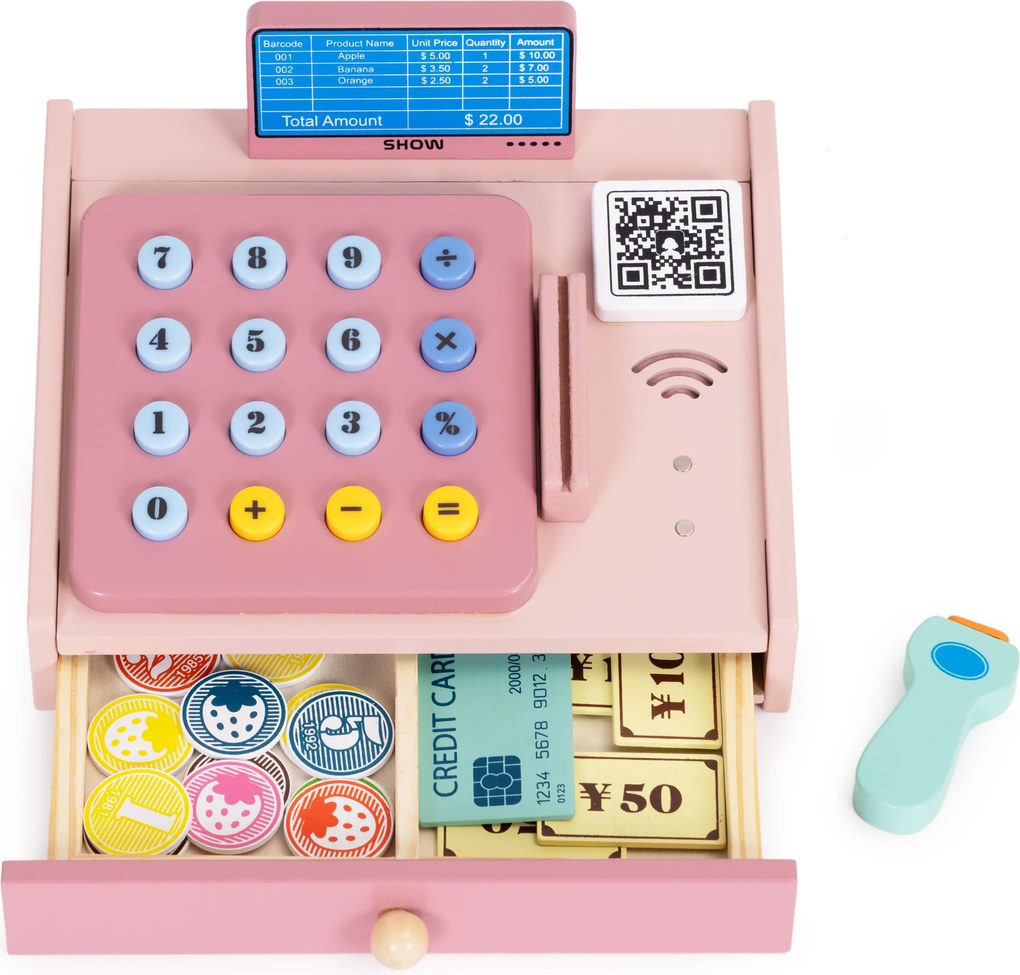 MULTISTORE Drevená detská pokladňa so skenerom a kartou