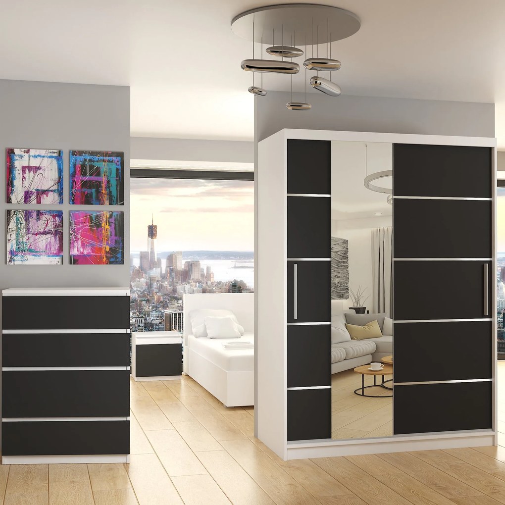 Šatníková skriňa 133 cm Belini biely mat / čierny mat s posuvnými dverami zrkadlom a zásuvkami  MBP SZP6/1/W/B/0/KLAL