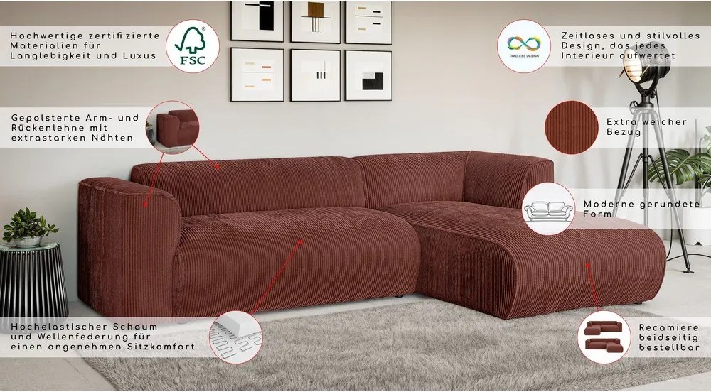 Menčestrová rohová pohovka v terakotovej farbe (pravý roh/s leňoškou) Merid – Ropez