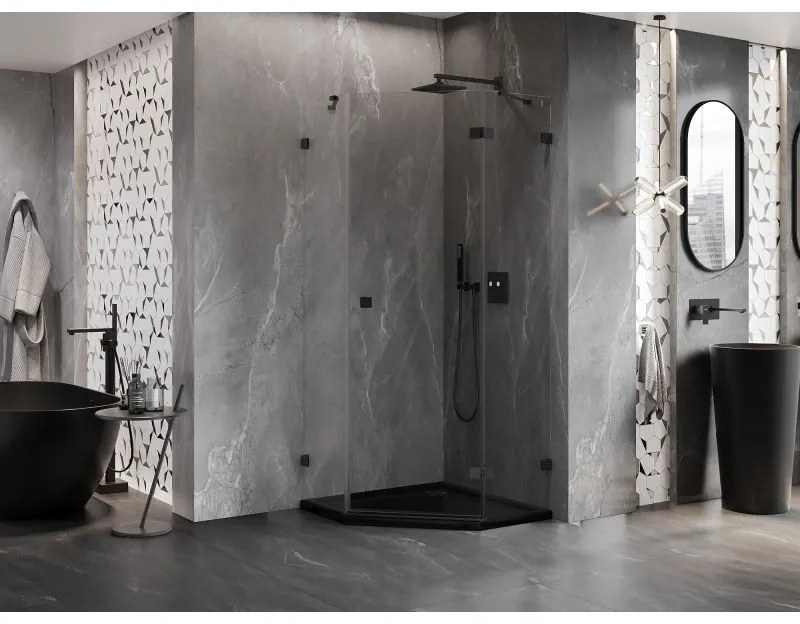 Mexen Lunar, výklopný päťuholníkový sprchový kút pravý 90 x 90 cm, 8mm číre sklo, čierny profil, 831-090P-090L-70-00-P