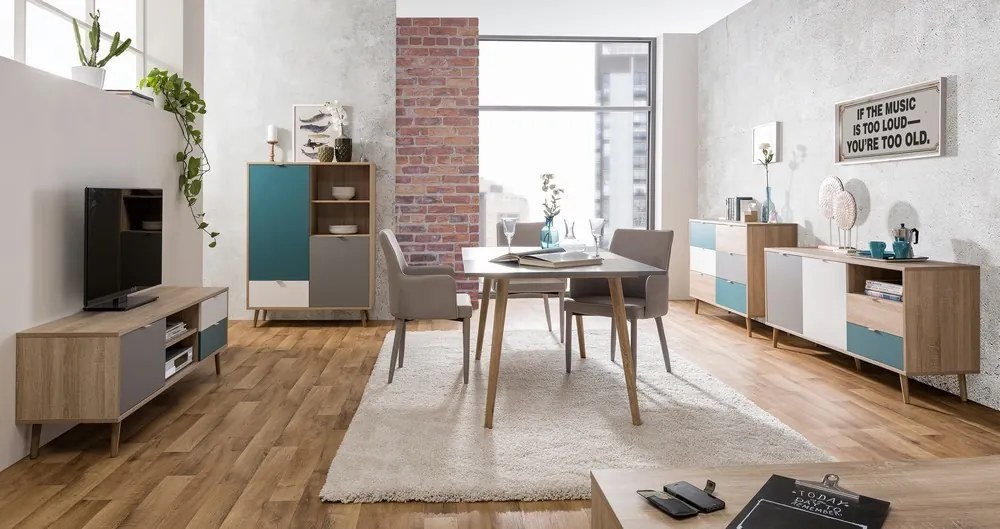 TV skrinka Cuba, dub/biela/šedá/petrolejová