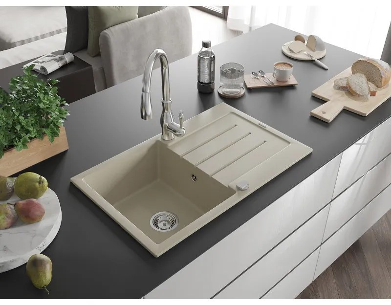 Mexen Bruno, 1-komorový granitový drez 795x495x200 mm a drezová batéria Savita, béžová, 6513-69-672601-00