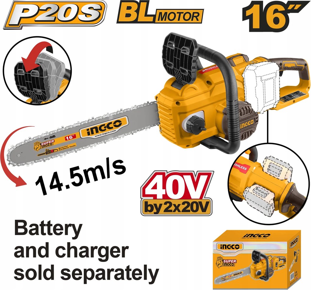 Akumulátorová reťazová píla 16" (40 cm), bezkartáčová, 40 V (20 V 20 V)