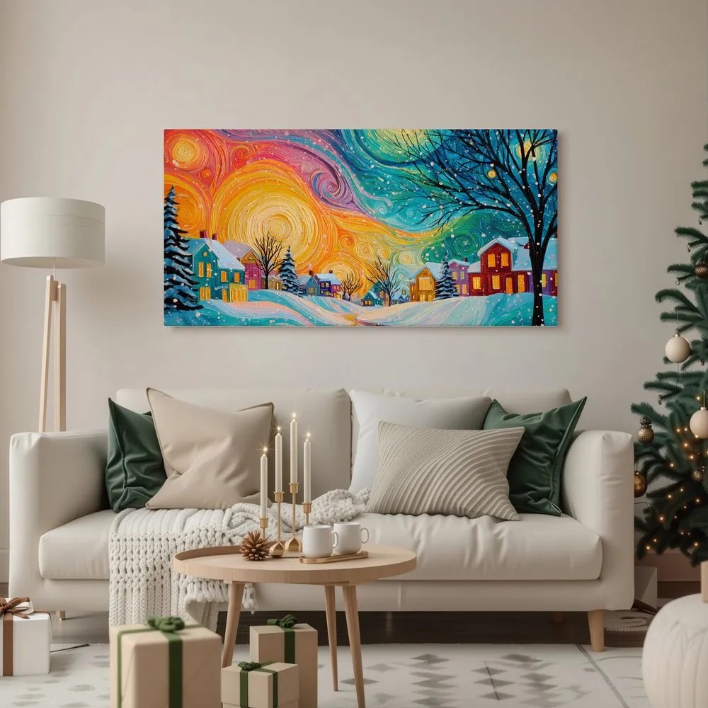 Vianočný obraz farebné domčeky v čarovnej noci