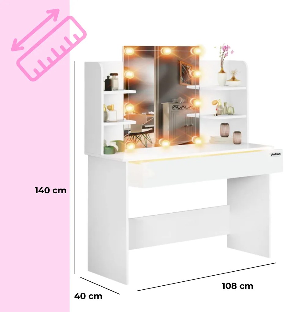 Toaletný stolík LUCIA s osvetlením 108x40x140cm, biela Jurhan