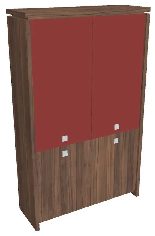 Vysoká skriňa Verno 128 x 46 x 210 cm, kombinované dvere, orech / červená