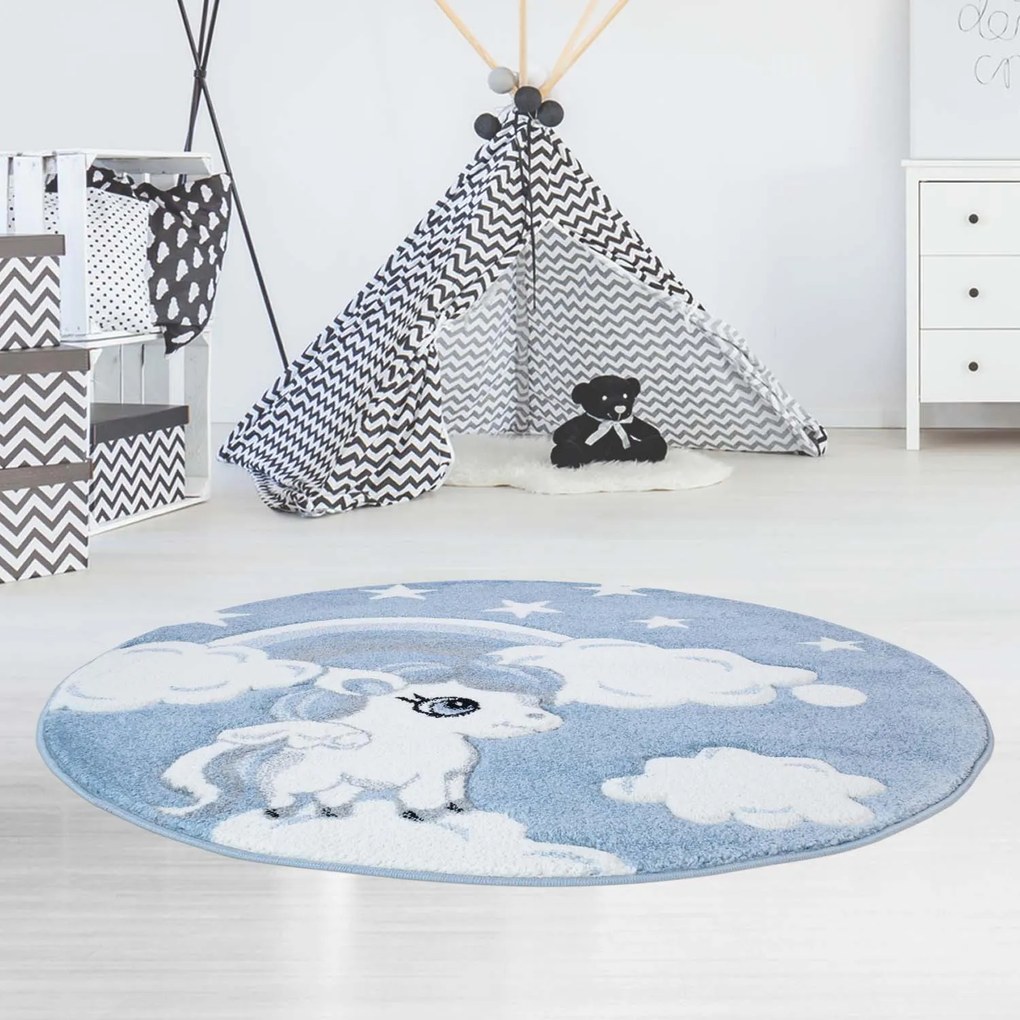 Dekorstudio Okrúhly detský koberec BEAUTY Modrý jednorožec Priemer koberca: 120cm