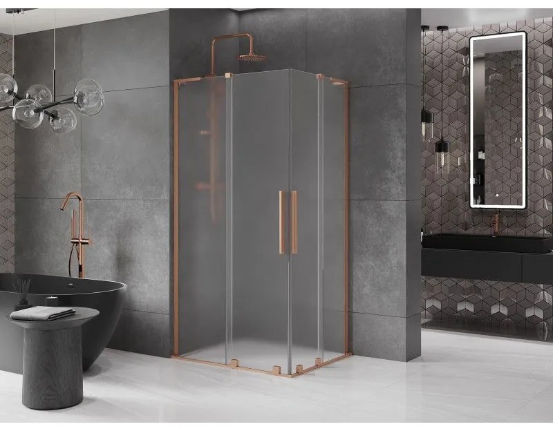 Mexen Velar L Duo, sprchový kút s posuvnými dverami 90 x 80 cm, 8mm sklo námraza, medená matná, 871-090-080-02-33-65