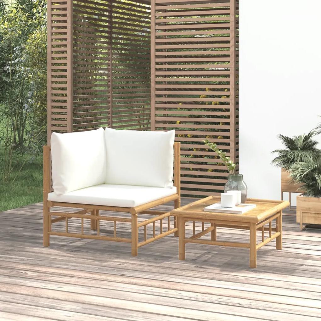 2-dielna záhradná sedacia súprava krémovobiele vankúše bambus 362299
