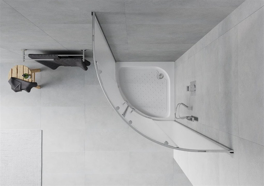 Mexen Rio, štvrťkruhový sprchovací kút s posuvnými dverami 80 x 80 cm, 5mm sklo námraza, chrómový profik+ biela vysoká vanička Rio, 863-080-080-01-30-4710