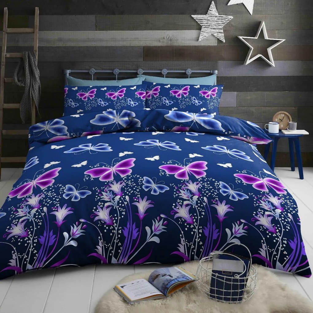 Bavlnené obliečky VIOLET BUTTERFLY tmavomodré, 100% bavlna Rozmer obliečky: 70 x 90 cm | 140 x 200 cm