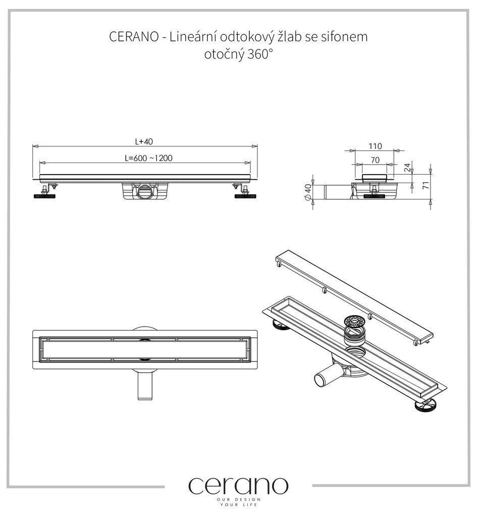 Cerano, Lineárny odtokový žľab 2v1 80 cm s otočným sifónom o 360°, chrómová, CER-CER-414929