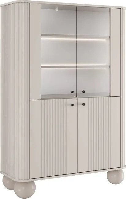 Vitrína Vesper 103 cm štvordverová - kašmír / čierne úchytky / guľaté nohy