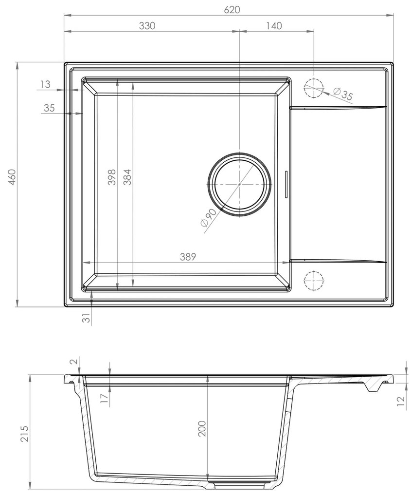 Sink Quality Sink55, kuchynský granitový drez 620x460x215 mm + chrómový sifón, čierna so zlatými bodmi, SKQ-SINK.L.1KKO.X