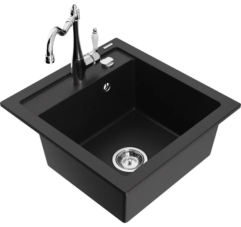 Mexen Vito, granitový drez 490x520x210 mm, 1-komorový a drezová batéria Carla, čierna, 6503-77-670700-00