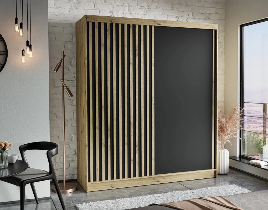 ŠATNÍKOVÁ SKRIŇA S POSUVNÝMI DVERAMI INGRID DUB ARTISAN / ČIERNA LED