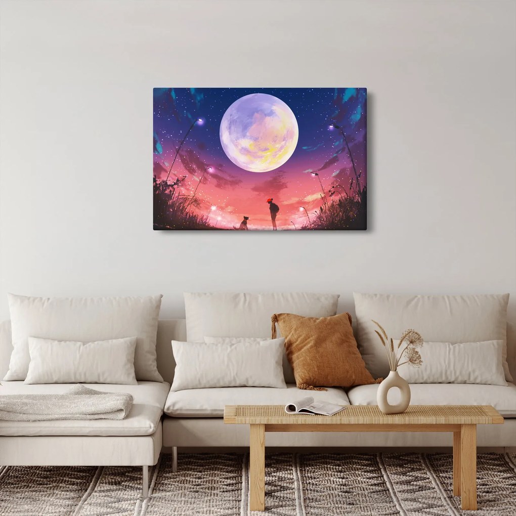 Obraz - Žena a pes pri splne (90x60 cm)