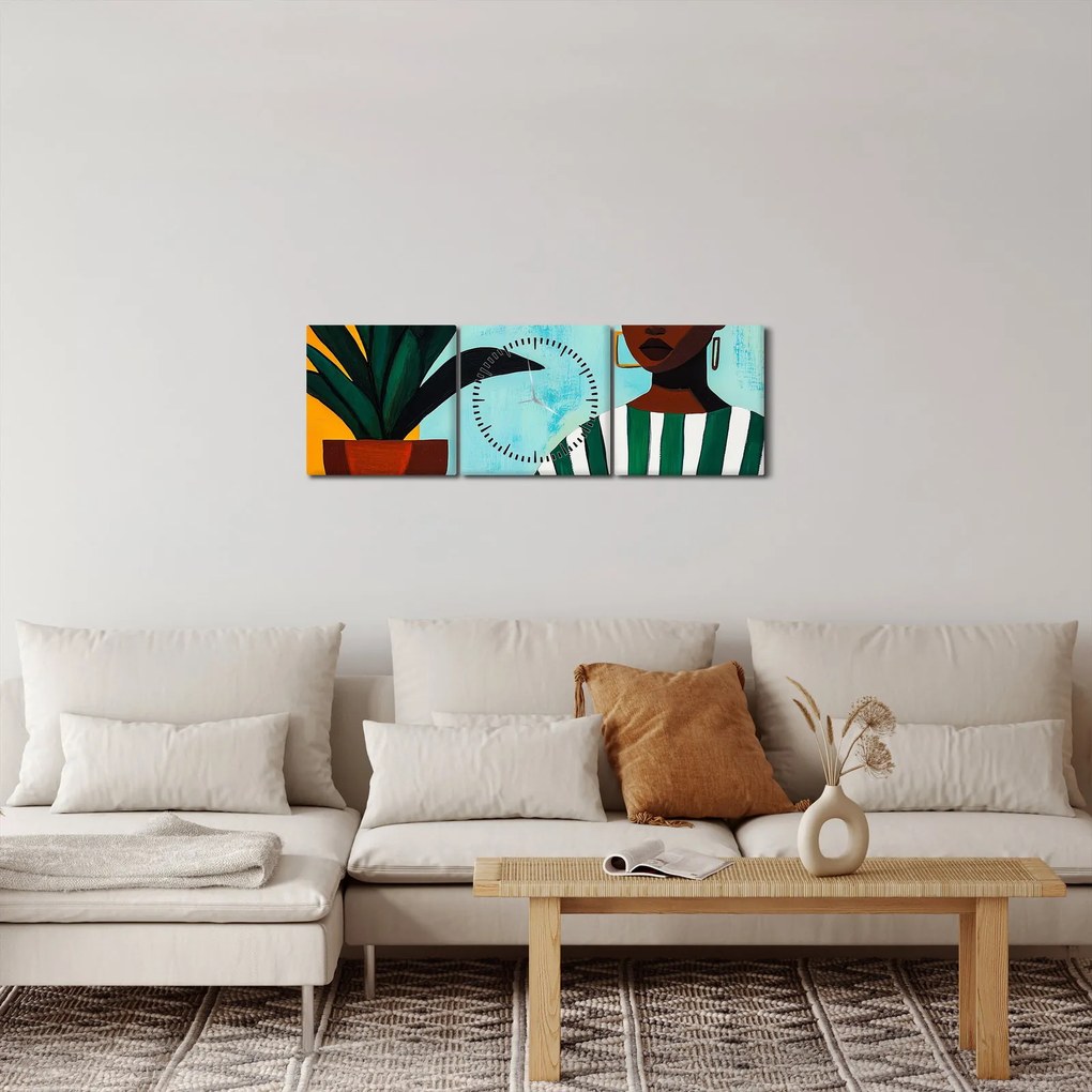 Obraz - Žena s kvetinou (s hodinami) (90x30 cm)