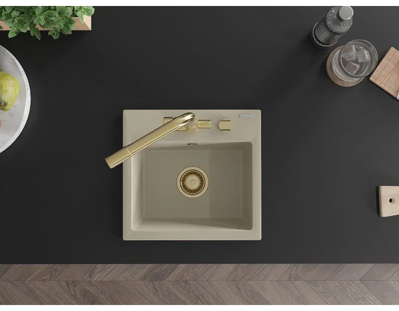 Mexen Milo, granitový drez 435x410x171 mm, 1-komorový a zlatá batéria Duero, béžová, 6505-69-671600-50
