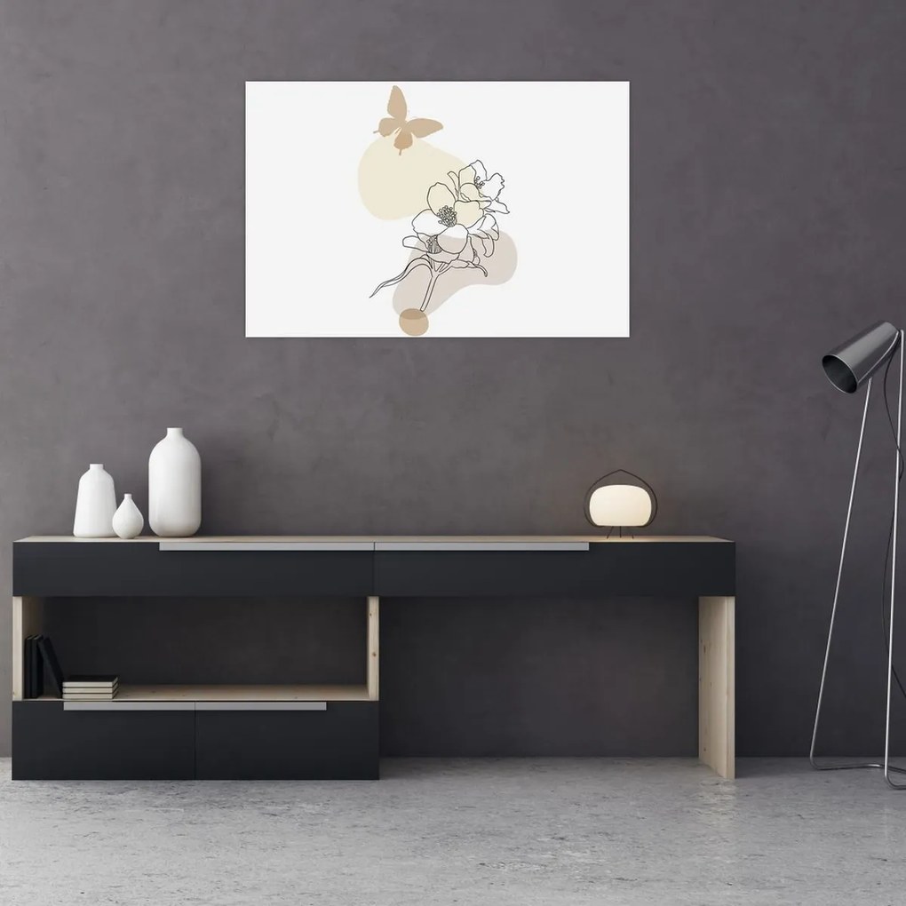 Obraz - Béžové kvety s motýľom N⁰3 (90x60 cm)